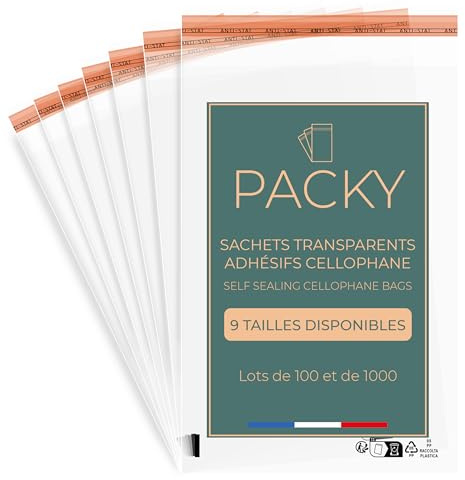 PACKY - Cellophantüten Selbstklebend - Zellophantüten Klein Oder Groß - Folienbeutel Selbstklebend - Selbstklebende Zellophanbeutel - OPP Bags - Selbstklebende Tüten Transparent - 16x22 cm 100 Stück