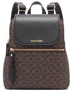 Calvin Klein Women's Reyna Signature Key Item Flap Backpack, Brown/Khaki/Black, One Size