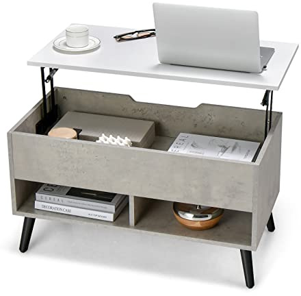 GIANTEX Couchtisch mit höhenverstellbarer Platte Kaffeetisch Sofatisch mit Aufbewahrungsfach & 2 offenen Regalen ausziehbarer Wohnzimmertisch Beistelltisch mit Federheber Teetisch modern 80x40x46/60cm