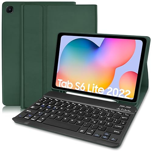 Hofsos für Samsung Galaxy Tab S6 Lite Hülle mit Tastatur 2024/2022/2020, Schutzhülle mit Pencil Halter Wireless Tastatur (QWERTZ) für Tab S6 Lite 10,4” (P610/P613/P615/P619/P620/P5625) Dunkelgrün