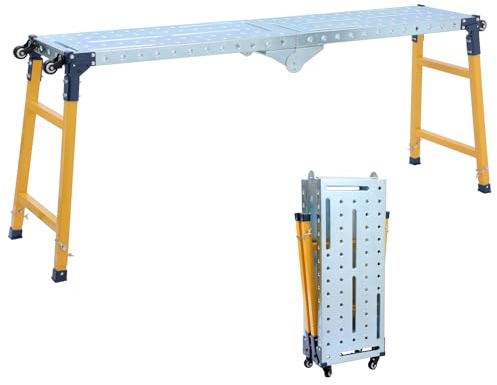 TOPWAY Piattaforma di Lavoro Pieghevole e Regolabile, Capacità di Carico di 500 kg, con 4 Ruote, Ponteggio Pieghevole per Banco di Lavoro per Lavori in Interni ed Esterni, 160 x 36 x 120,5 cm