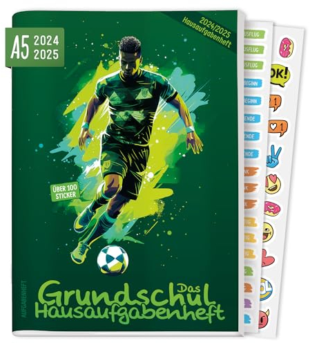 Lernfreunde Hausaufgabenheft Grundschule 2024/2025 A5 Fußball Grundschul-Hausaufgabenheft inkl. Lerntipps, Denkspiele & Sticker - nachhaltig & klimafreundlich