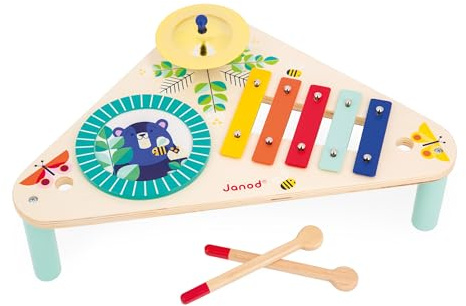 Janod - Table Musicale en Bois Gioia - 3 Instruments de Musique Enfant - Jouet d'Imitation et d'Éveil Musical - Peinture à l'eau - Dès 12 Mois,J07655