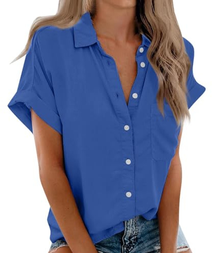 Chemisiers et Blouses Femme, Chemisier Femme Manches Courtes Col V T-Shirt Couleur Unie Été Chemise Casual Chic Blouse Tops Haut pour Femme Léger et Respirant,Bleu,M