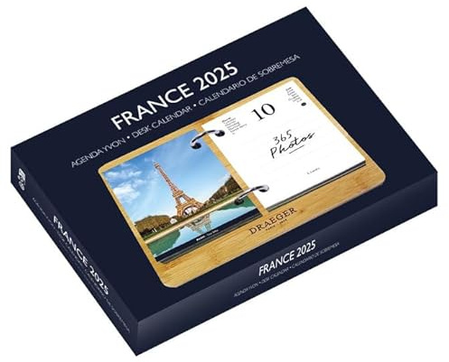 DRAEGER PARIS 1886 - Coffret Éphéméride Agenda Yvon 2025-365 Feuillets Quotidiens avec Photos - Socle Bambou Réutilisable - 7 Langues - Idée Cadeau Écologique - Papier FSC - Made in France