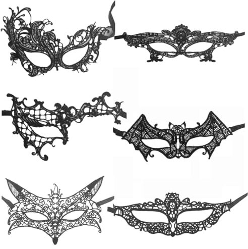 EIHI 6 Stück Spitze Maske, Damen, Schwarz, Sexy Lace Augenmaske für Frauen, Maskerade, Halloween, Karneval, Party