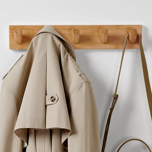 LARHN Wooden Wall-Mounted Coat Rack - 5 Coat Hooks, 42cm | Bamboo Base, XL Hooks, All Fixings & Install Video Included, Holds Coats, Jackets & Bags, for Children's Rooms, Hallway