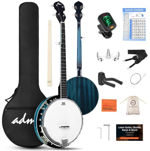 ADM Banjo 5 String Full Size 38 Banjoes Set, Remo Drum Geared 5th Tuner Beginner Banjo Kit with Resonator Open Closed Back, Gift Package Free Lessons Starter Accessories for Adult Teens,Bluish-Green