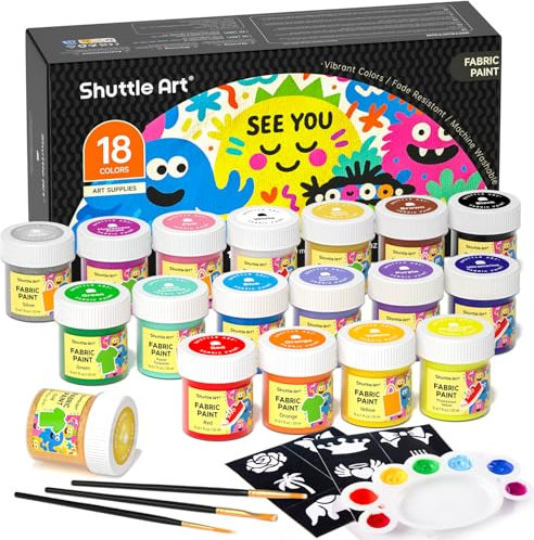 Shuttle Art Textilfarben Waschmaschinenfest 18x20ml Set | waschfest Stoffmalfarben inkl. Gold & Silber, 3 Pinsel & 12 Vorlagen| Für T-Shirt, Jeans & Stoffe | Zum Malen auf dunklen und hellen Stoffen