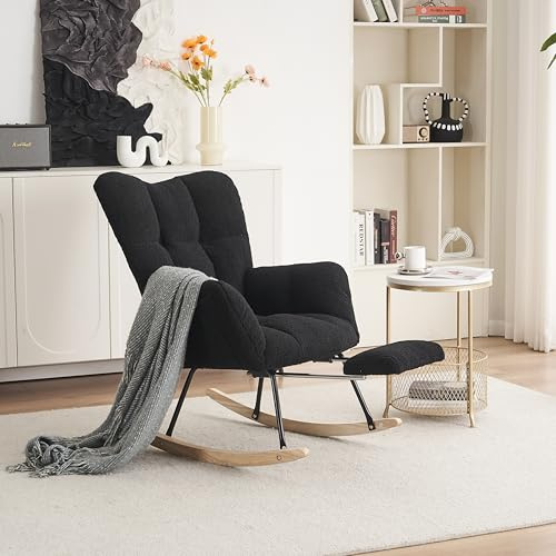 YGHQAP Fauteuil a Bascule avec Repose Pied rétractable, Chaise à Bascule en Tissu Peluche Chaise Allaitement Rocking Chair avec accoudoirs et Poches pour Chambre, Salon (Noir, 80 * 98 * 98.5cm)