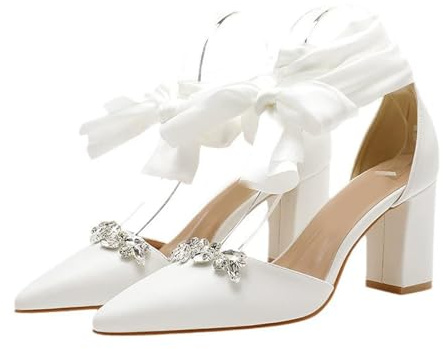 Décolleté da Sposa da Donna con Abito da Damigella d'Onore - Sandali Stringati con Tacco Grosso da 8 cm - Comfort Versatile da Sposa, Scarpe da Sera,Bianca,43 EU