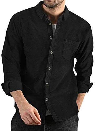 Generisch Chemises décontractées sans repassage à manches longues couleur unie boutonnée chemises légères hommes pull avec chemise, Noir , XXL