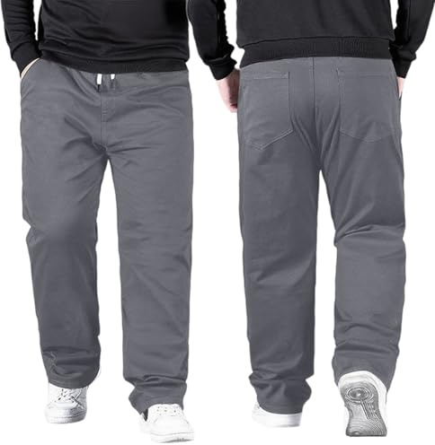 Generisch Pantalon d'été en lin pour homme, jambes larges, pantalon en tissu, élastique, cordon de serrage, léger et aéré, pantalon de plage A26, gris, 6XL