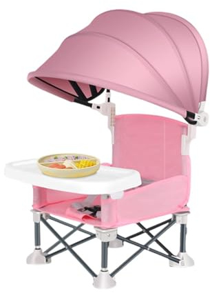 Chaise Haute Pliante Bebe | Chaise Haute Portable pour Bébé Pliable | Siège Enfant Siège De Voyage Pliable pour Déplacements | avec Auvent et Plateau Amovible, pour Plage, Extérieur, Camping