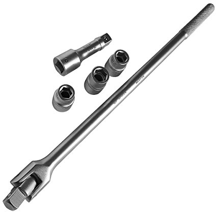 S&R Kraft-Steckgriff Gelenkgriff SET 3/4 600 mm, Ø 22 mm Steckeinsätze NÜSSE 17mm, 19mm, 21 mm, Verlängerung 125 mm, Steck-Drehgriff mit Steckeinsätze Reifen INDUSTRIE
