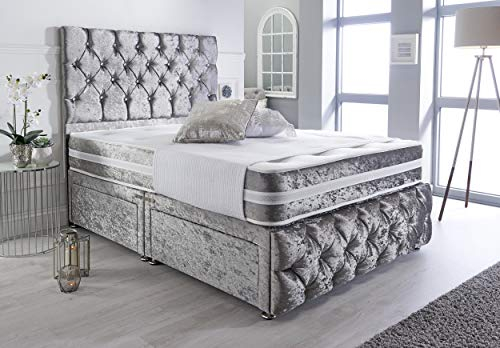 Sleep Factory's Silver Crushed Velvet Chesterfield 2 Drawer Divan Bed Set, Mattress & Headboard 4.6FT (Double)