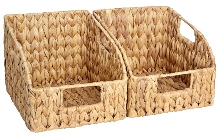 StorageWorks Pantry Baskets for Organizing, Wicker Basket with Built-in Handles, Handwoven Wicker Storage Baskets, Water Hyacinth for Shelves, 2 Pack