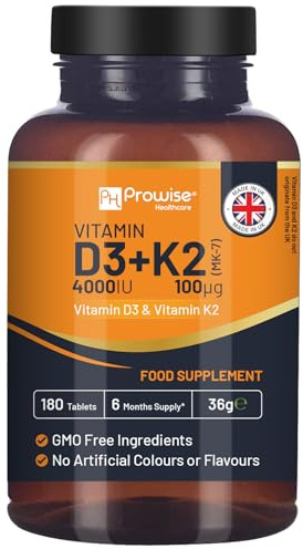 Vitamin D3 4000IU & K2 MK7 100µg Vegetarian Tablets I 180 (6 Months Supply) I Easy to Swallow Supplement for Immune Support, Calcium Boost, Bone & Muscle I Made in The UK by Prowise Healthcare