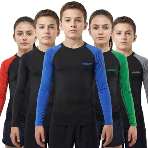 Exxact Sports Kids BJJ Rash Guard Long Sleeve, Ranked No Gi Jiu Jitsu Compression Shirt for Boys & Girls for MMA, Wrestling - (Black/Royal Blue, YS)