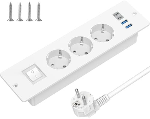 Tischplatte Versenkte Steckdose mit USB C, 3 Fach Einbausteckdose Steckdosenleiste mit Schalter, Tischsteckdose Mehrfachsteckdose mit 2m Kabel für Konferenztisch, Arbeitsplatte, Sofatisch (Weiß)