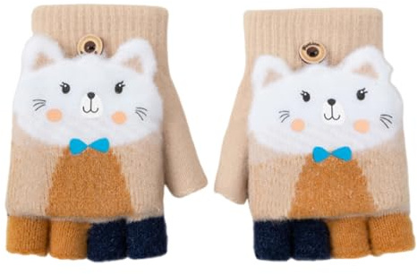 Guanti Senza Dita per Bambini, Guanti a Mezza Dita per Bambini, con Motivo a Fumetto, per l'inverno, Guanti a Maglia, Guanti Senza Dita Invernali con Flip Top, per Bambini 7-9 Anni (Beige)