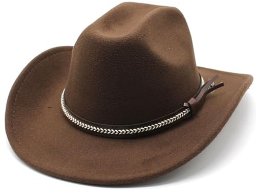 Wide Brim Felt Cowboy Hat for Men and Women, Roll Brim Jazz Hat with Strap Premium Quality Cowboy Hats for Men Cowboy Hats (Coffee)