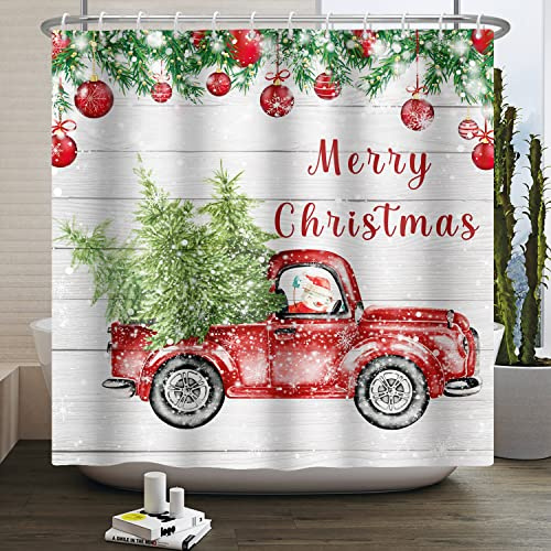 Kzzfqxb Tende da doccia 180x200cm con ganci in plastica, Natale Capodanno palline colorate macchina rossa con alberi, Impermeabile tessuto in poliestere per vasca, Decorazione festiva per bagno