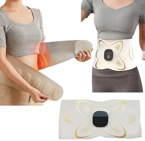 Heat Belt with Massager, All-in-one Abs Trainer Muscle Stimulator, Toning Belt Workout Equipment, Portable Stomach Toning Belt for Men & Women, Abdominal Muscle Trainer (Beige)