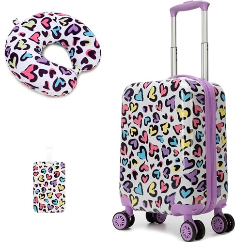 Inprof Kids Luggage with Spinner Wheels Carry on Suitcases for Girls 2 Piece Luggage Sets 16 Toddler Suitcase for Kids Rolling Suitcase Airline Approved (Bainbow Leopard)