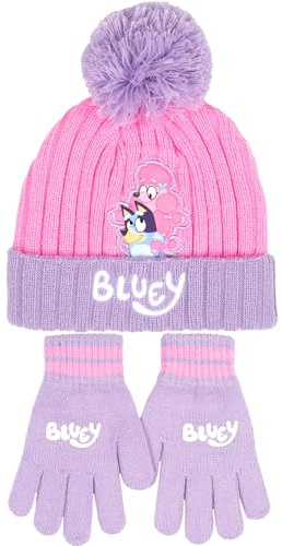 Bluey Winter Hat & Gloves Set Knitted Warm Beanie for Girls age 2-7 Years Cold Weather Accessories Gift for Girls (Pink)
