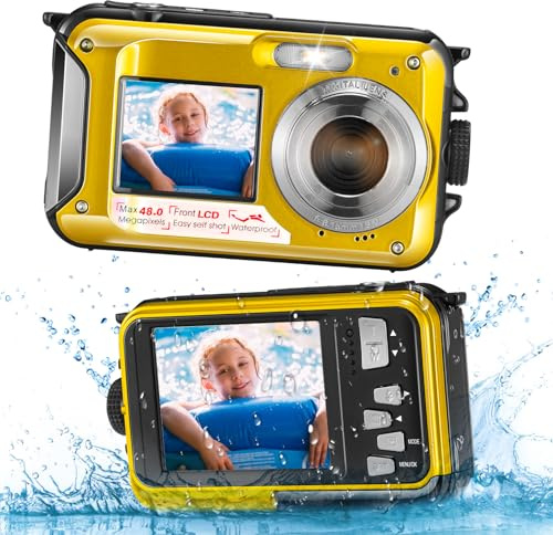 Reomdara Fotocamera Digitale Impermeabile, Action Camera Subacquea HD 2.7K 48MP con Doppio Schermo per Snorkeling 3M per Nuotare, Zoom Digitale 16X Anti-Shake, Gialla