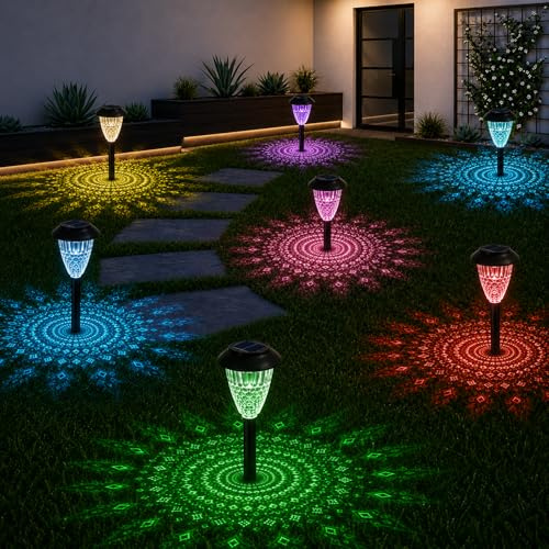Beuaati Solar Lights Outdoor Garden, 8 Pack IP65 Waterproof Solar Lamps with 7 RGB Color Changing, LED Garden Lights Solar Path Lights with Light Sensor Auto On/Off, Decoration for Courtyard, Walkway