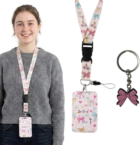 Cordillera con portatarjetas para niñas adolescentes, portatarjetas de identificación de plástico de longitud de ruptura fija para autobús escolar, con un llavero (Bow & Be Kind)