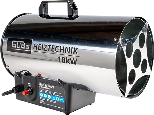 Güde Gasheizgebläse GGH 10 INOX (220-240 V, 10000 W Heizleistung, 500 m³/h Gebläseleistung, Piezozündung, Brenner und Gehäuse aus hochwertigem Edelstahl, 300mbar Druckminderer, 1,5 m Gasschlauch)