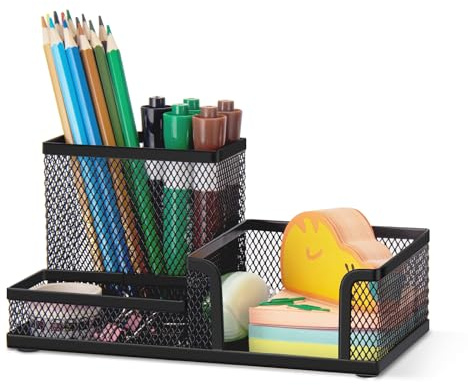 Comix Mesh Pen Pencil Holder Desk Organizer, 3 Compartment Wire Desktop Pen Pencil Cup Caddy Office Supplies Desk Accessories for Home Office School, Black