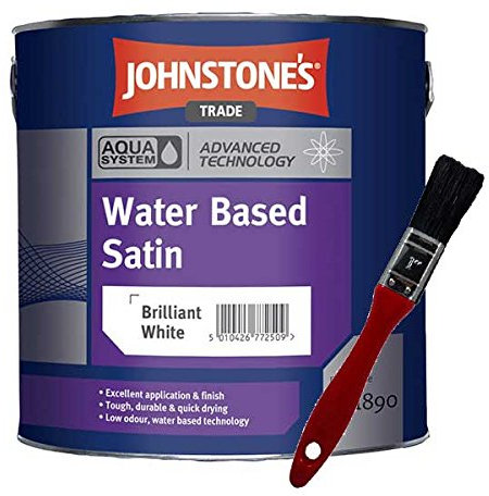 Johnstone’s Trade Aqua Water Based Satin Brilliant White 5L with Avenue Touch up Brush