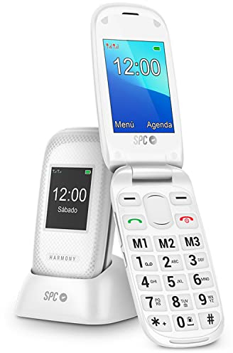 SPC Harmony - Telefono cellulare con chiusura per anziani con numeri e lettere grandi, pulsante SOS, 3 memorie dirette, base di caricamento, Bianco