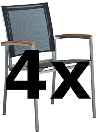 ASS 4Stk Designer Gartenstuhl mit Armlehne Kuba-SCHWARZ Gastroqualität Stapelsessel Gartensessel Stapelstuhl Sessel Edelstahl Batyline Textilene Teak stapelbar sehr robust