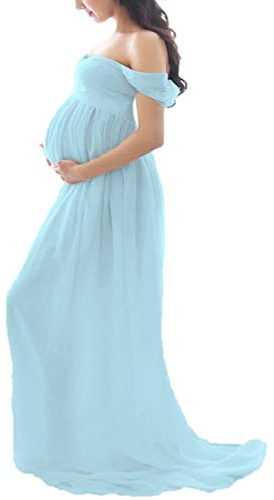 Daysskk Mammaklänning för fotografering, axellös chiffongklänning, blommig klänning för graviditetsfotografering, Ljusblå, XL
