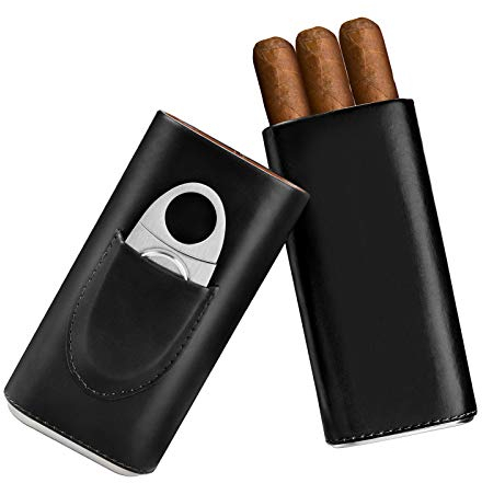 Cigar Humidor Accessories - Cigar Case Travel - Cigar Box with Cutter Gift for Men Black