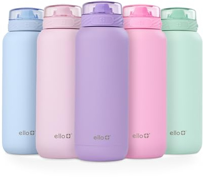 Ello Cooper 40oz Stainless Steel Water Bottle with Straw and Carry Handle, Double Walled and Vacuum Insulated Metal, Leak Proof Locking Lid with Soft Silicone Spout, Reusable, BPA Free, Lilac
