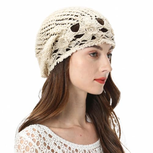 ZLYC Bonnet d'été en Tricot Fait Main pour Femme, Fleurs Beige, Taille Unique