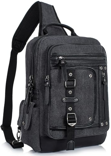 Schkleier Messengerväska för män kanvas axelväska crossbody ryggsäck laptop axelväska vandring dagväskor ledig taktisk, Svart, X-Large, retro