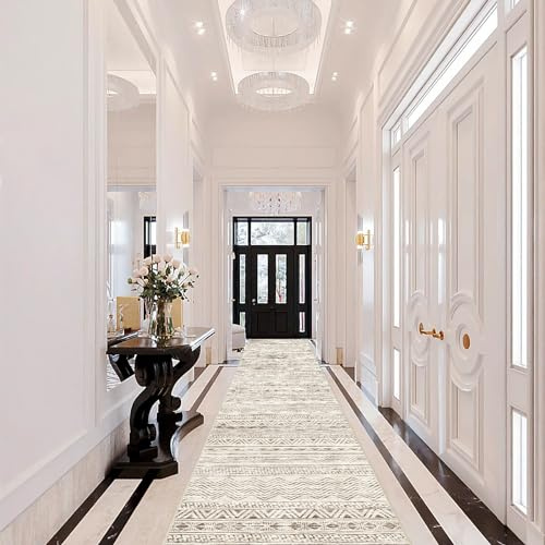 Moroccan Washable Hallway Runner Rug - 2'6x12' Non Slip Floor Mat for Kitchen Low Pile Living Room Carpet with Rubber Backing Bedroom Rugs for Entryway 2'6x12' Beige