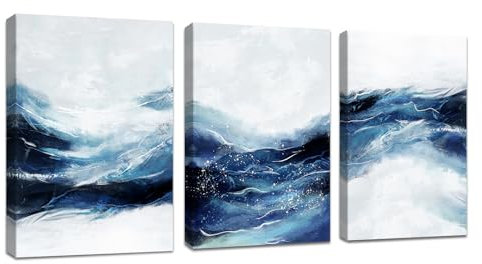 3Pcs Abstrakt Leinwandbilder Bilder mit Rahmen Schlafzimmer Blau Weiß Meer Welle Bild Auf Leinwand Wandkunst Wandbilder Kunstdruck Wanddeko Deko für Wohnzimmer fertig zum Aufhängen 120x60cm(40x60x3)