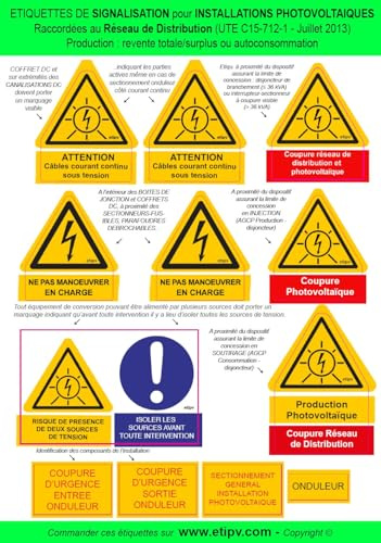 Planche 12 Etiquettes Adhésives Photovoltaïque spéciales maison individuelle AUTOCONSOMMATION - REVENTE SURPLUS ou REVENTE TOTALE - conforme CONSUEL et UTE C15-712-1