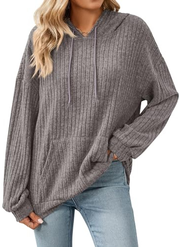 Gemulate Women's Autumn Clothes Long Sleeve Plus Size Clothing Knitwear,Oversized Jumpers with Pocket Sweater Tops V Neck Sweatshirts Purple Grey X-Large