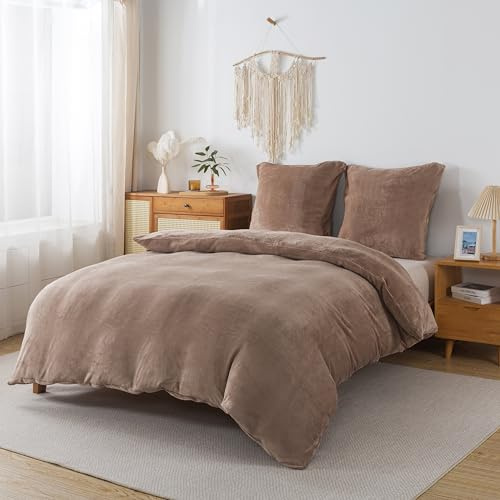 WUMIUER Juego de ropa de cama de felpa de 200 x 200 cm, color marrón café, 3 piezas, franela cálida y mullida, funda nórdica y 2 fundas de almohada de 80 x 80 cm, tacto de cachemira, suave y acogedora