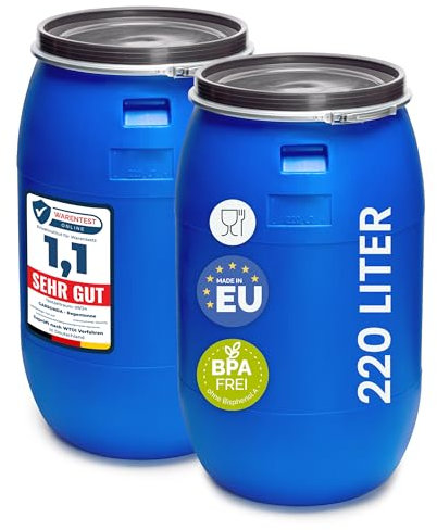 Garronda Set 2X 220 Liter Regentonne mit Deckel Weithalsfass aus HDPE Regenfass für Garten Fass 220l Regenwassertonne Futtertonne Wasserbehälter Universalfass Wasserfass Wassertank GD-0124, Blau