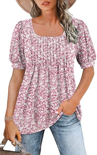WNEEDU T-shirt dam fyrkantig krage tunika sommar kortärmad t-shirt flytande skjorta veckad toppar chic chic lös topp